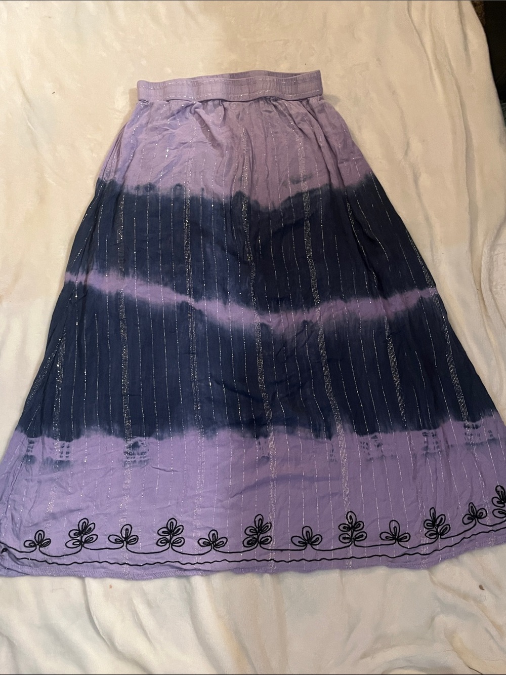 Lilac and Navy Tie-Dye Maxi Skirt with Embroidered Hem
